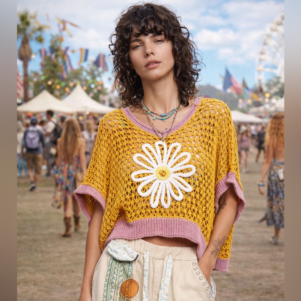 POL Yellow Daisy Crochet Sweater Top Size Medium NWT Boho Festival - Picture 4 of 8